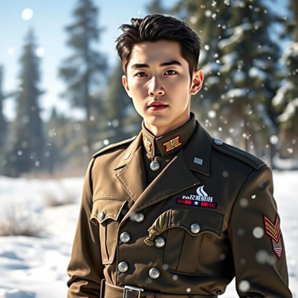 A portrait of Oh Sehun, a handsome young man with sharp features and a charismatic presence, dressed in a stylish military uniform amidst a snowy landscape