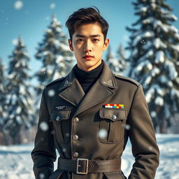 A portrait of Oh Sehun, a handsome young man with sharp features and a charismatic presence, dressed in a stylish military uniform amidst a snowy landscape