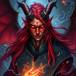 A male Tiefling draconic Sorcerer with vibrant red hair that flows dramatically, cascading down his shoulders