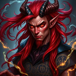 A male Tiefling draconic Sorcerer with vibrant red hair that flows dramatically, cascading down his shoulders