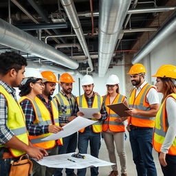 A diverse technical team of men and women working on a building duct system, showcasing a mix of ethnicities and genders