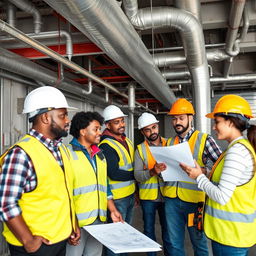 A diverse technical team of men and women working on a building duct system, showcasing a mix of ethnicities and genders