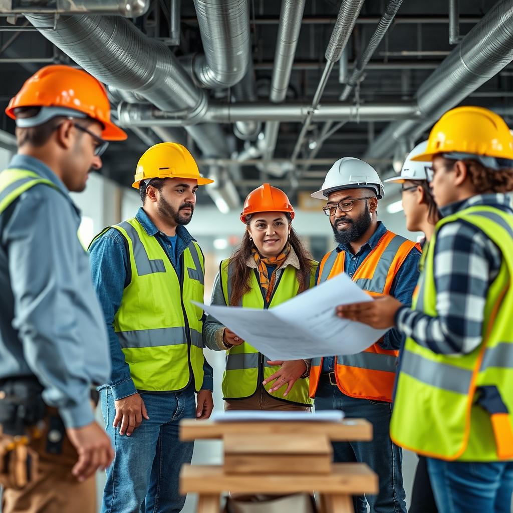 A diverse technical team of men and women working on a building duct system, showcasing a mix of ethnicities and genders