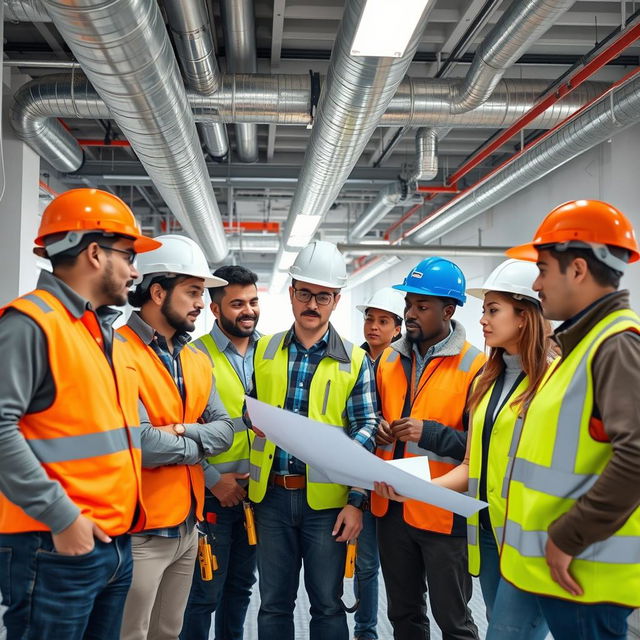 A diverse technical team of men and women working on a building duct system, showcasing a mix of ethnicities and genders