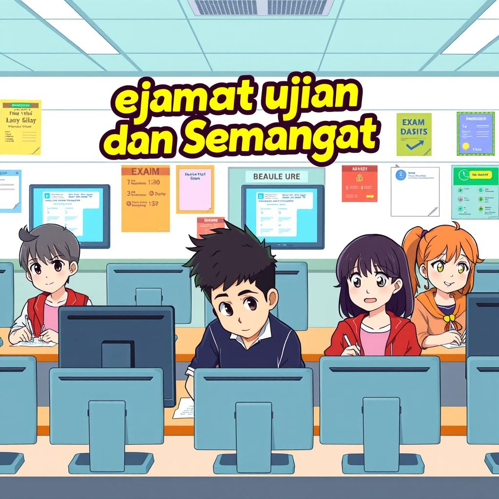 A cheerful and engaging poster design featuring anime-style high school students sitting at computers, each focused intently on their exams