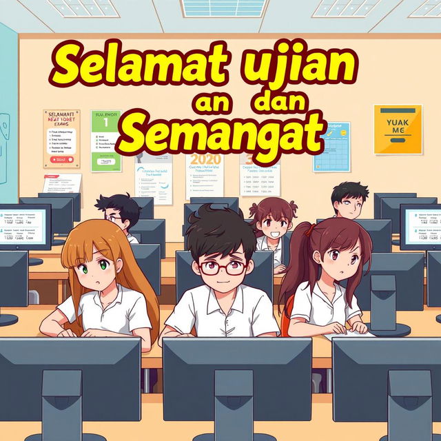 A cheerful and engaging poster design featuring anime-style high school students sitting at computers, each focused intently on their exams