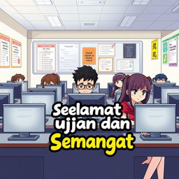 A cheerful and engaging poster design featuring anime-style high school students sitting at computers, each focused intently on their exams
