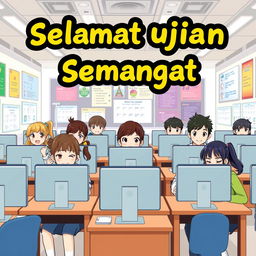 A cheerful and engaging poster design featuring anime-style high school students sitting at computers, each focused intently on their exams