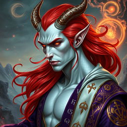 A male Tiefling draconic Sorcerer with vibrant red hair that flows elegantly down his back
