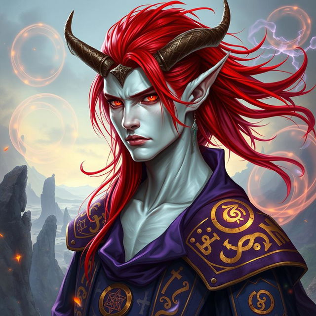 A male Tiefling draconic Sorcerer with vibrant red hair that flows elegantly down his back