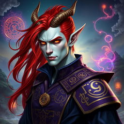 A male Tiefling draconic Sorcerer with vibrant red hair that flows elegantly down his back