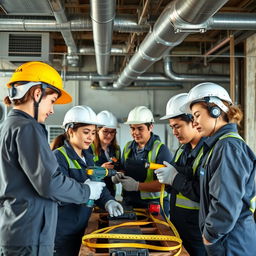 A technical team of skilled female and male technicians working collaboratively on the construction of air conditioning ducts