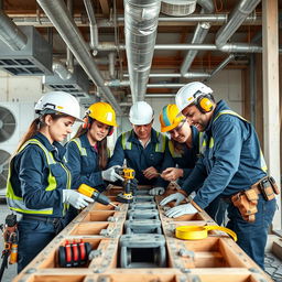 A technical team of skilled female and male technicians working collaboratively on the construction of air conditioning ducts