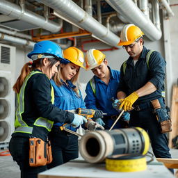 A technical team of skilled female and male technicians working collaboratively on the construction of air conditioning ducts