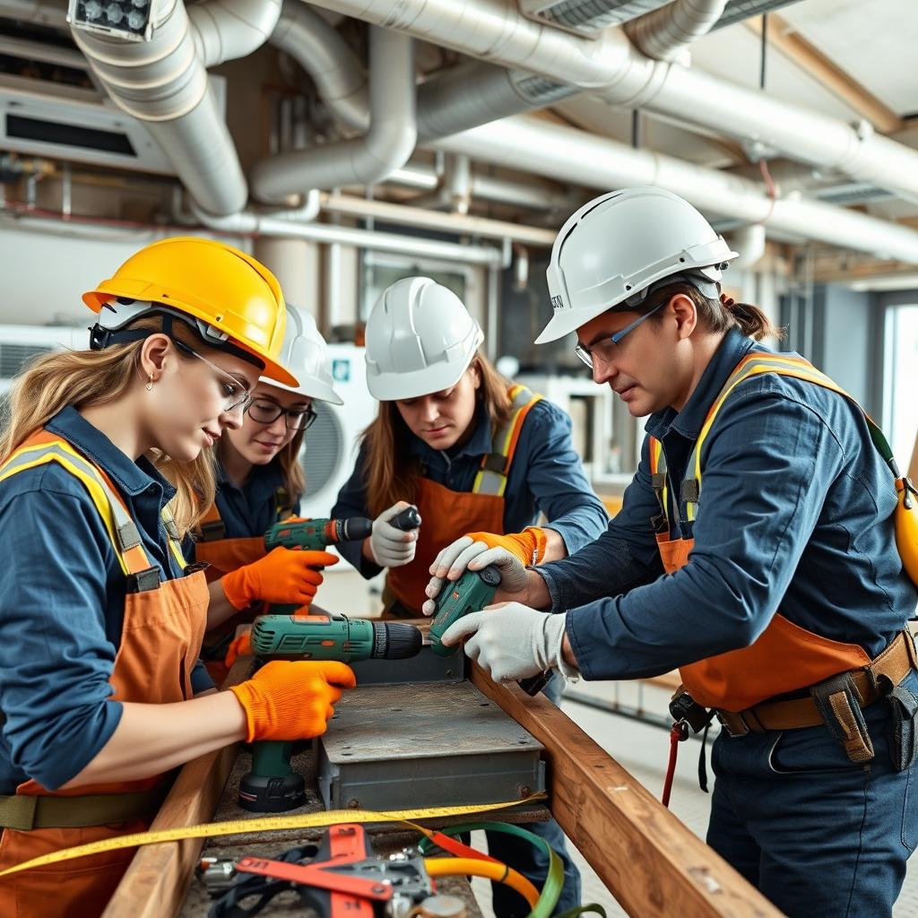 A technical team of skilled female and male technicians working collaboratively on the construction of air conditioning ducts