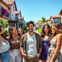 A handsome young man with a charming smile, surrounded by beautiful women who are attracted to him