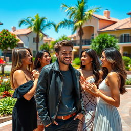 A handsome young man with a charming smile, surrounded by beautiful women who are attracted to him