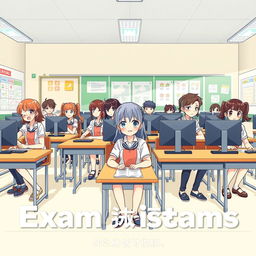 A lively and engaging poster design featuring anime-style high school students sitting properly at desks, each using computers to take their exams