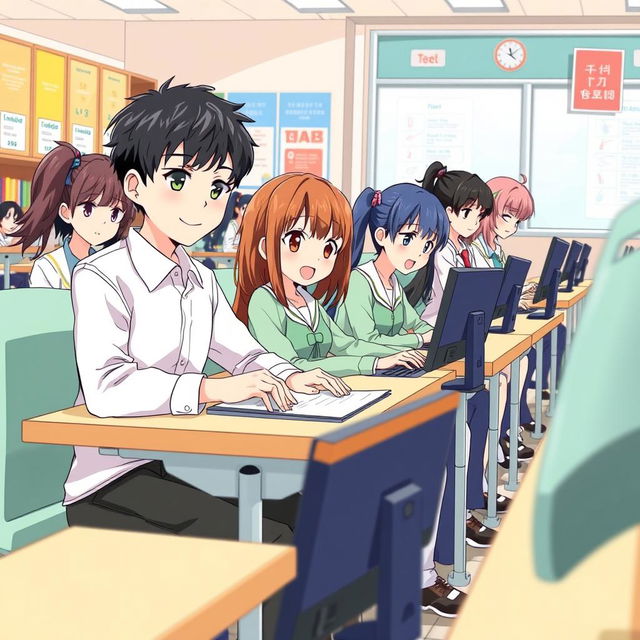 A lively and engaging poster design featuring anime-style high school students sitting properly at desks, each using computers to take their exams