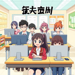 A lively and engaging poster design featuring anime-style high school students sitting properly at desks, each using computers to take their exams