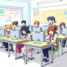 A lively and engaging poster design featuring anime-style high school students sitting properly at desks, each using computers to take their exams