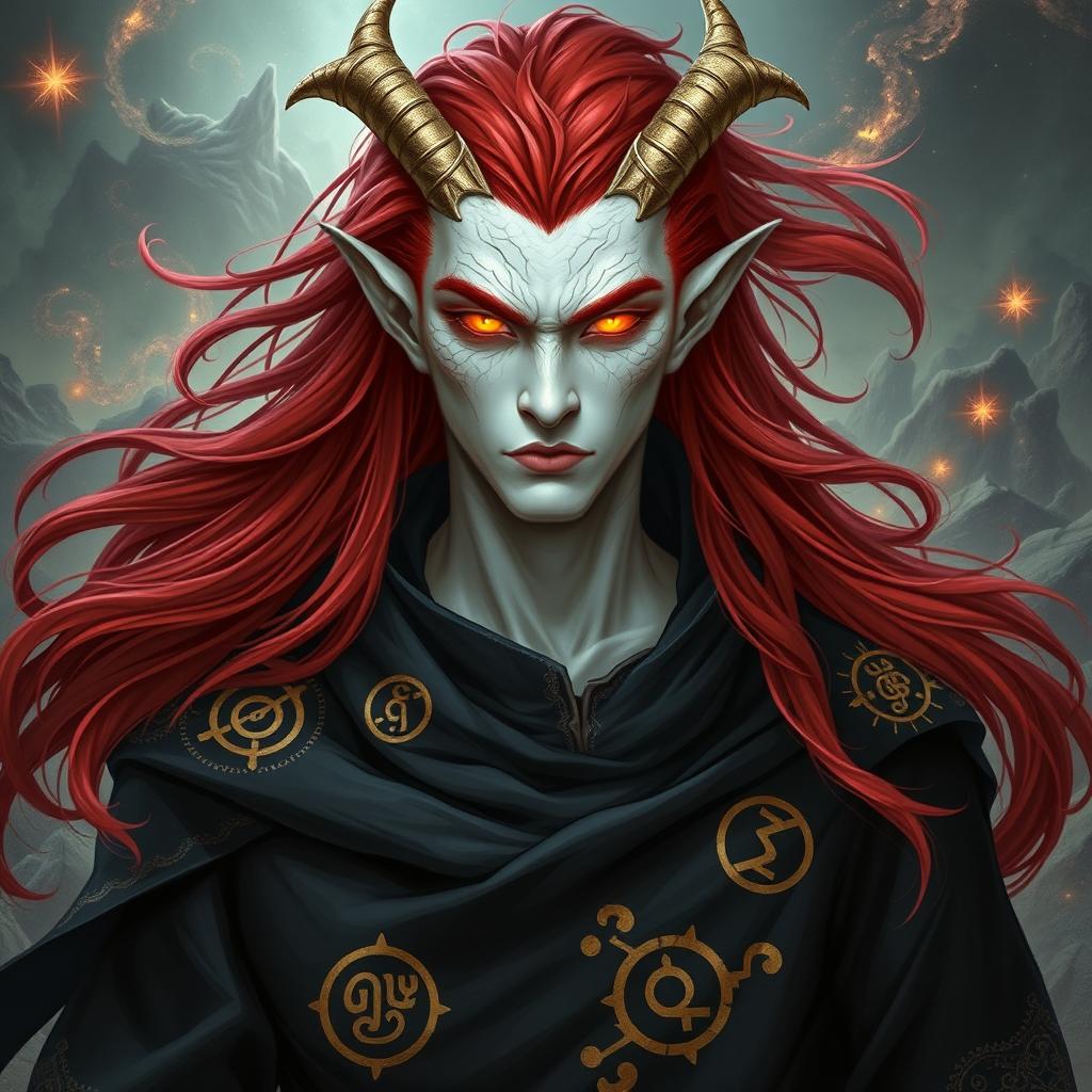 A male Tiefling draconic Sorcerer with striking red hair that flows dramatically, complementing his pristine white skin