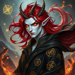 A male Tiefling draconic Sorcerer with striking red hair that flows dramatically, complementing his pristine white skin