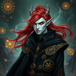 A male Tiefling draconic Sorcerer with striking red hair that flows dramatically, complementing his pristine white skin