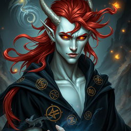 A male Tiefling draconic Sorcerer with striking red hair that flows dramatically, complementing his pristine white skin