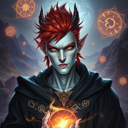 A male Tiefling draconic Sorcerer featuring short, fiery red hair styled sharply, accentuating his striking white skin