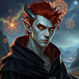 A male Tiefling draconic Sorcerer featuring short, fiery red hair styled sharply, accentuating his striking white skin