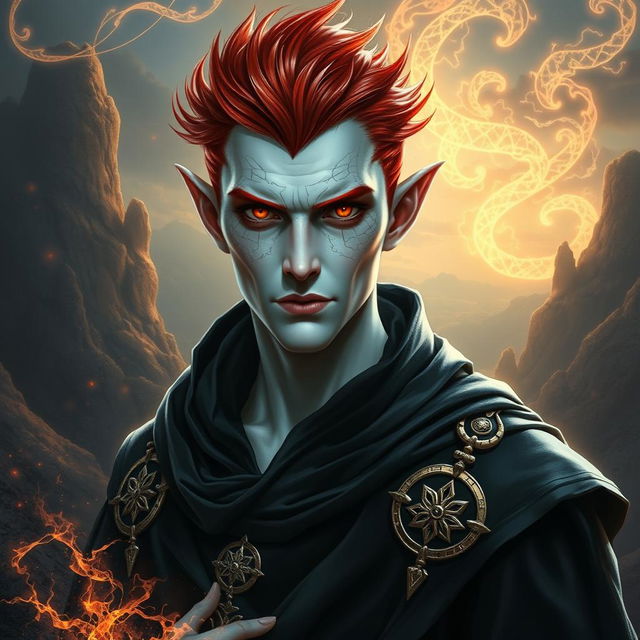 A male Tiefling draconic Sorcerer featuring short, fiery red hair styled sharply, accentuating his striking white skin