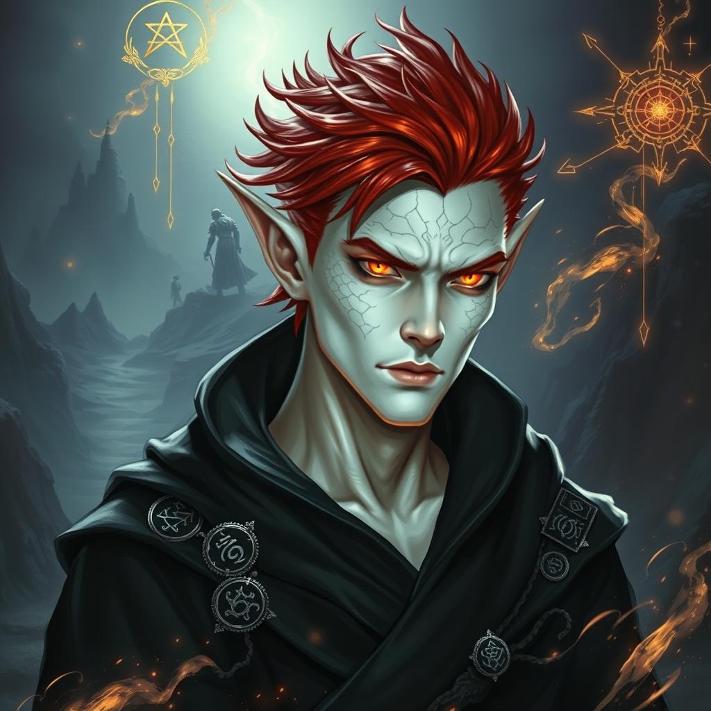 A male Tiefling draconic Sorcerer featuring short, fiery red hair styled sharply, accentuating his striking white skin