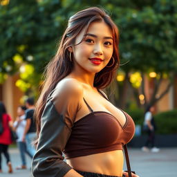 A stunningly beautiful Chinese university student with an attractive, voluptuous figure and large, round features