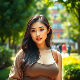 A stunningly beautiful Chinese university student with an attractive, voluptuous figure and large, round features