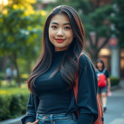 A stunningly beautiful Chinese university student with an attractive, voluptuous figure and large, round features
