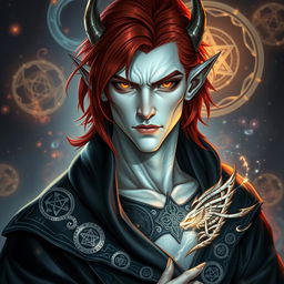 A male Tiefling draconic Sorcerer with medium-length red hair that falls loosely around his face and shoulders, enhancing his fierce yet charismatic demeanor