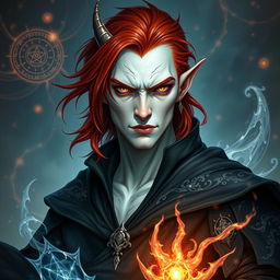 A male Tiefling draconic Sorcerer with medium-length red hair that falls loosely around his face and shoulders, enhancing his fierce yet charismatic demeanor
