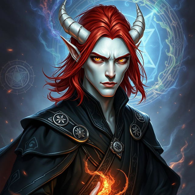 A male Tiefling draconic Sorcerer with medium-length red hair that falls loosely around his face and shoulders, enhancing his fierce yet charismatic demeanor