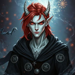 A male Tiefling draconic Sorcerer with medium-length red hair that falls loosely around his face and shoulders, enhancing his fierce yet charismatic demeanor