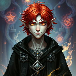 A male Tiefling draconic Sorcerer with medium-length red hair that frames his rounded face, giving him a charismatic and approachable look