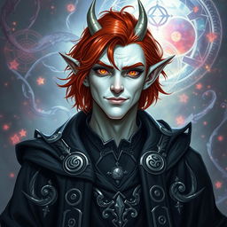 A male Tiefling draconic Sorcerer with medium-length red hair that frames his rounded face, giving him a charismatic and approachable look