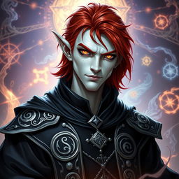 A male Tiefling draconic Sorcerer with medium-length red hair that frames his rounded face, giving him a charismatic and approachable look