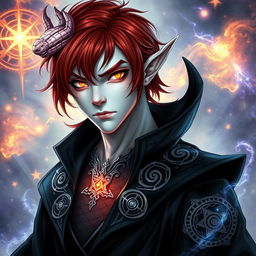 A male Tiefling draconic Sorcerer with medium-length red hair that frames his rounded face, giving him a charismatic and approachable look