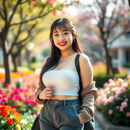 A stunningly beautiful Chinese university student with an attractive, voluptuous figure and large, round features