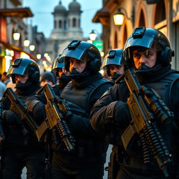 A scene depicting a special police unit in Iran, featuring highly trained officers in tactical gear with sleek helmets and modern weaponry