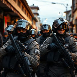 A scene depicting a special police unit in Iran, featuring highly trained officers in tactical gear with sleek helmets and modern weaponry