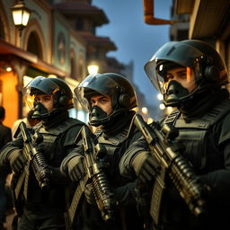 A scene depicting a special police unit in Iran, featuring highly trained officers in tactical gear with sleek helmets and modern weaponry