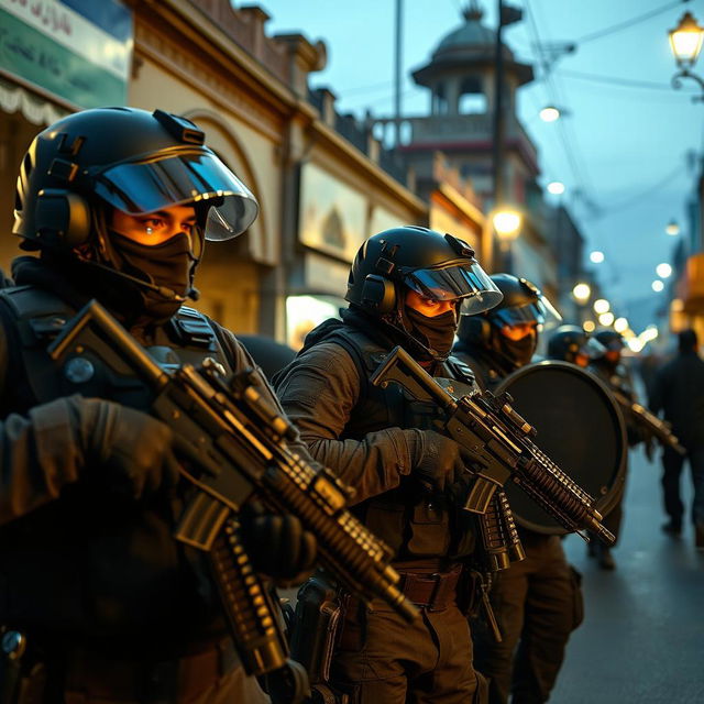 A scene depicting a special police unit in Iran, featuring highly trained officers in tactical gear with sleek helmets and modern weaponry