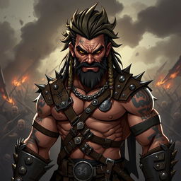 A stylized character design of a fierce and powerful warrior known as 'The Savage', who has just turned 34